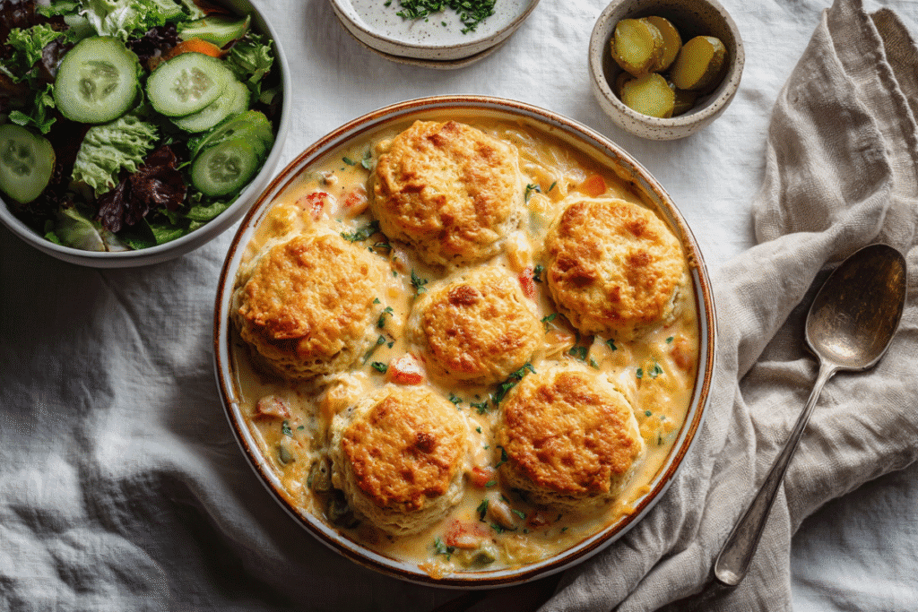 Delicious biscuit chicken pot pie with creamy sauce and fresh herbs. Perfect comfort food for cozy dinners.
