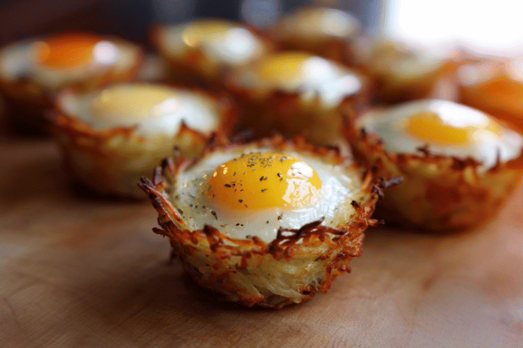 eggs in crispy hash brown baskets
