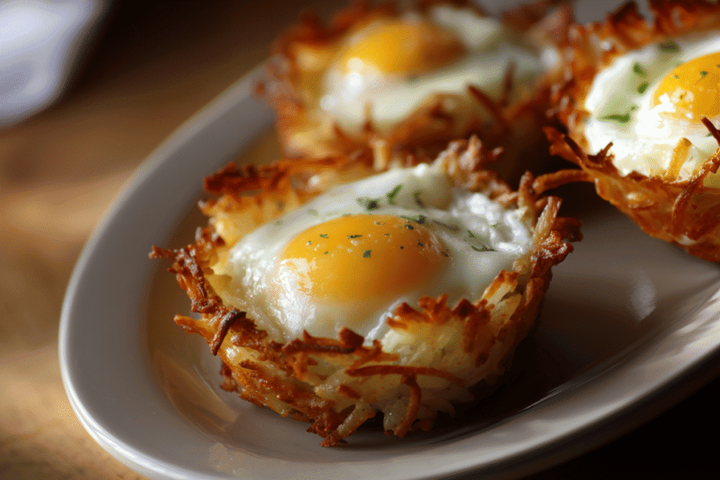 eggs in crispy hash brown baskets