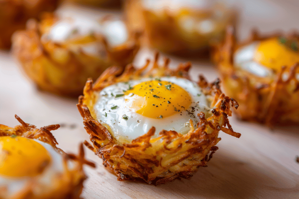eggs in crispy hash brown baskets