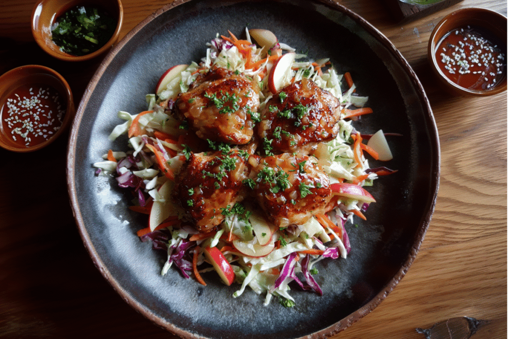 Delicious grilled chicken on a bed of fresh, colorful salad with herbs and dressing. Perfect for healthy, flavorful meals.